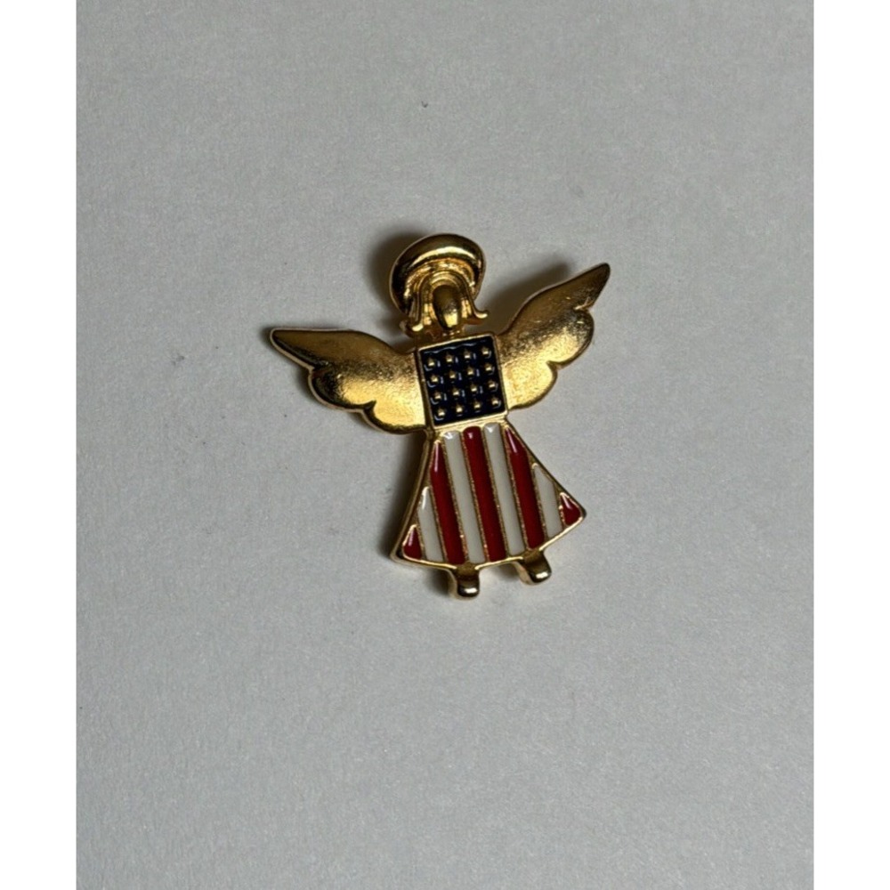 Angel American Flag USA Patriotic Gold Tone Brooch Lapel Pin Tie Tac Enamel